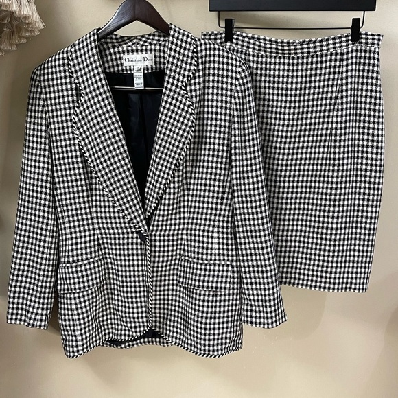 Vintage CHRISTIAN DIOR Two Piece Suit Black & White Border Tartan Plaid Size 14 - Picture 1 of 16
